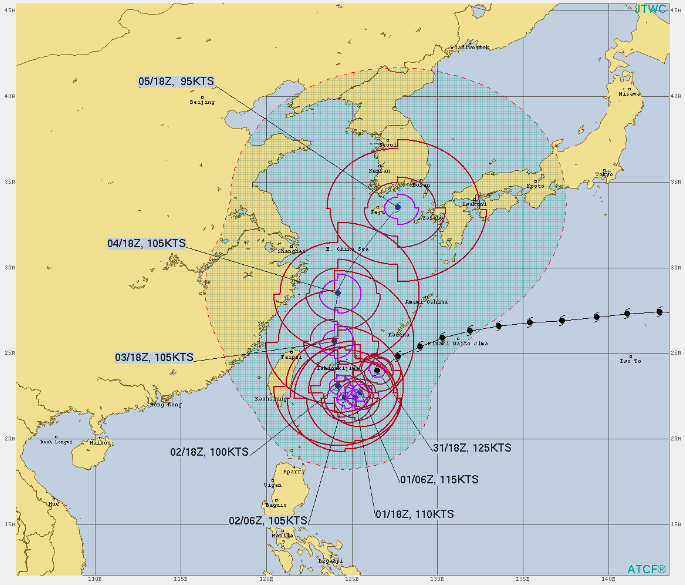 2022年9月1日時点の台風11号（ヒンナムノー）のJTWCの進路予想図