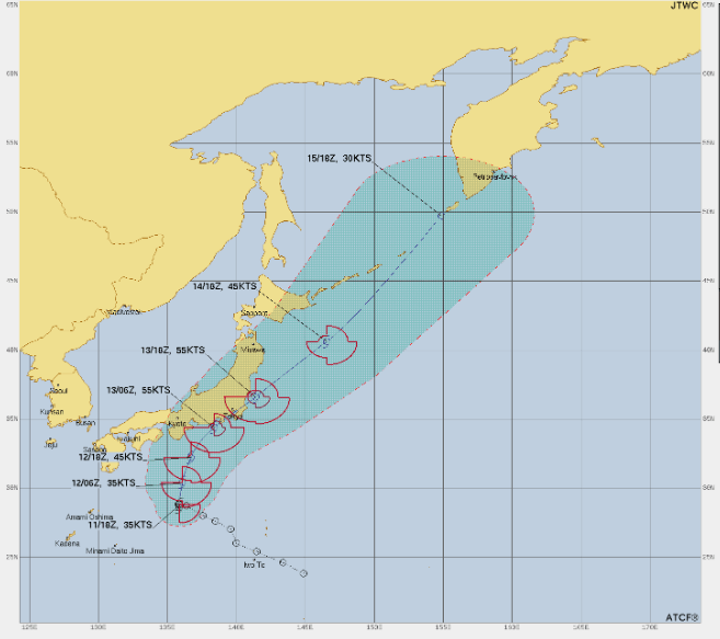 2022年台風8号のJTWCの最新進路予想図