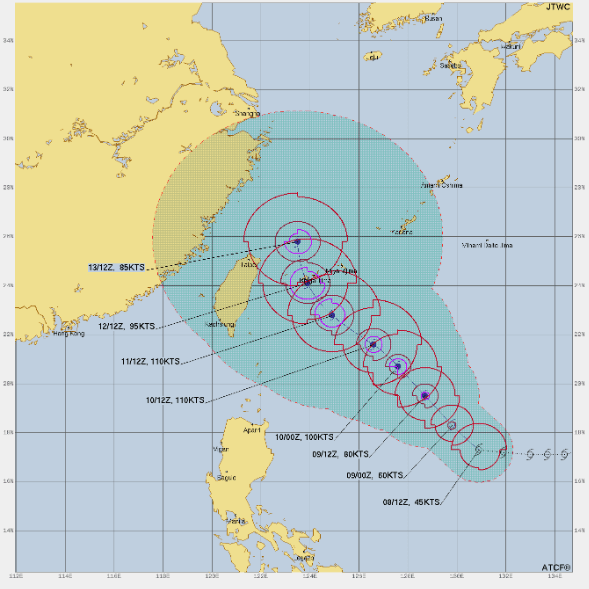 2022年9月8日19時の台風12号（ムイファー）のJTWCの進路予想図