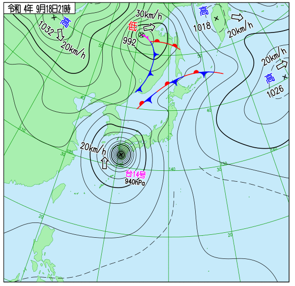 2022年9月18日台風14号の気象庁天気図