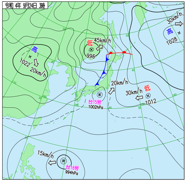 2022年9月24日台風15号の位置がわかる気象庁図