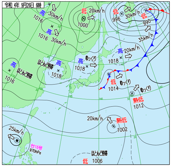 2022年9月26日台風17号のたまごの位置がわかる気象庁天気図