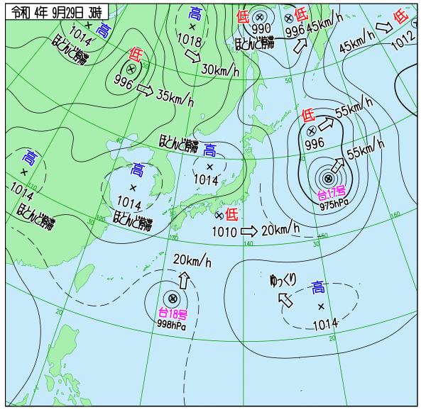 2022年9月29日台風18号の気象庁天気図